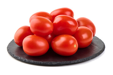 Fresh cherry tomatoes with Sweet basil leaves, isolated on white background.