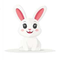Obraz premium Happy white rabbit cartoon, sitting, white background, children's book illustration