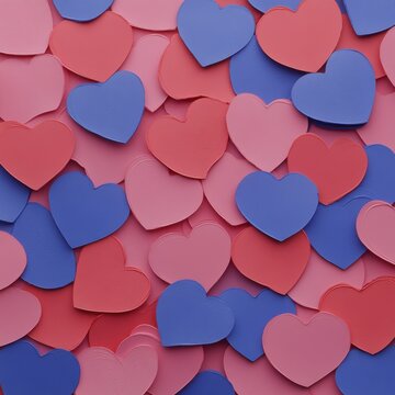 Colorful paper hearts scattered in a random pattern, creating a vibrant and playful visual display perfect for design projects.