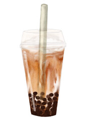 rown sugar bubble milk tea with tapioca pearls in a clear plastic cup with straw isolated,Watercolor hand paint Boba milk tea with jelly poping,Vector cold drink for summers refreshment