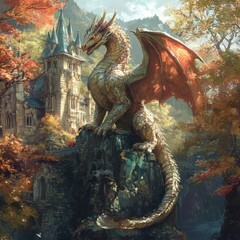 Majestic Dragon Overlooking Enchanted Castle