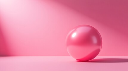 Glossy pink sphere resting on pink surface with soft light creating subtle shadow