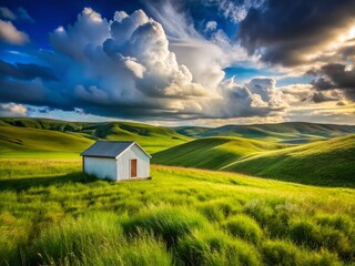 Small White Cottage in Rolling Hills Grassy Field - Pastoral Countryside Scene
