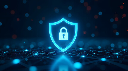 A futuristic, glowing shield icon with a lock symbol in the center, representing cybersecurity and data protection. The shield is illuminated in neon blue tones, with a digital matrix background