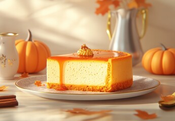 Delicious Pumpkin Cheesecake with Drizzling Caramel Sauce on a Festive Table Surrounded by Autumn Decorations and Warm Lighting