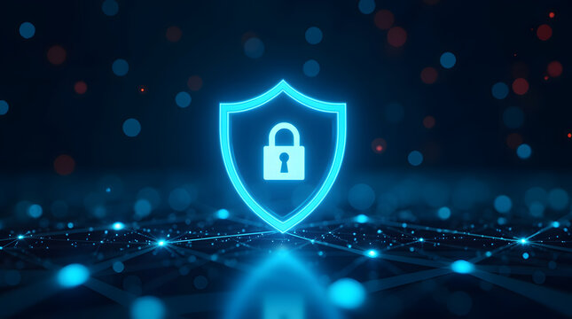A futuristic, glowing shield icon with a lock symbol in the center, representing cybersecurity and data protection. The shield is illuminated in neon blue tones, with a digital matrix background