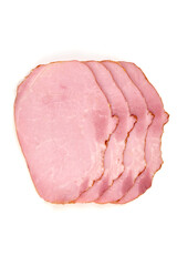Smoked pork loin slices, isolated on white background.