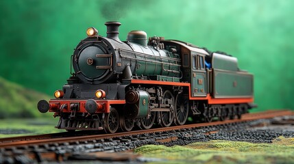 Fototapeta premium Green steam locomotive model on tracks.
