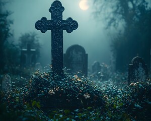 Naklejka premium Gothic Iron Cross Shrouded in Ivy Under Eerie Moonlight in Old Cemetery Landscape