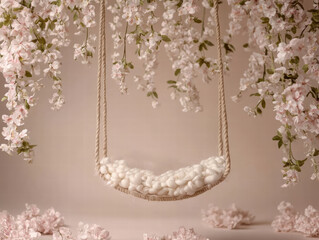 Empty newborn digital swing background hanging decorated with white flowers