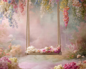 Empty newborn digital swing background hanging decorated with flowers