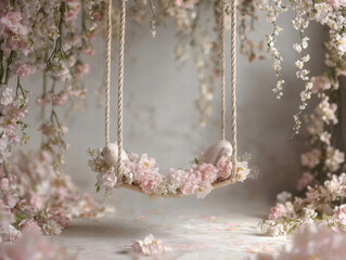 Empty newborn digital swing background hanging decorated with flowers