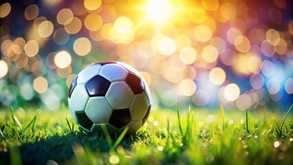 Fototapeta premium Soccer Ball on Lush Green Grass with Bokeh Background - Stock Photo