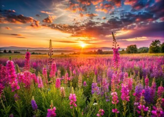 Obraz premium Sunrise paints a delicate pink and purple blossom field, a spring meadow dreamscape.