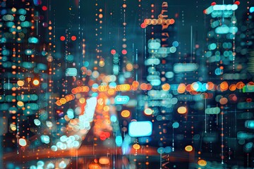 Abstract digital business panel on blurry night city background. Inovation concept. Double exposure