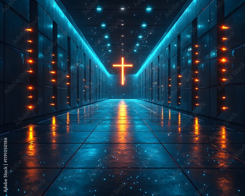 Poster Digital Representation of a Glowing Cross Intersection in Futuristic Architecture
