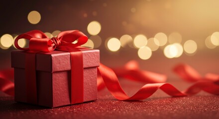 Obraz premium Gift of Festive Delight: A beautifully wrapped present with a striking red ribbon and bow rests on a textured surface, the blurred background adding a touch of festive magic.