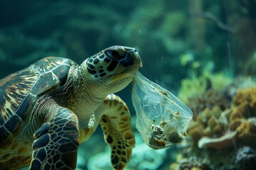 Fototapeta premium Sea turtle with plastic underwater