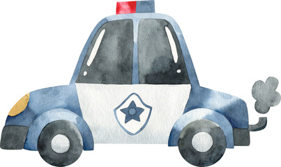 Watercolor illustration of a cute blue police patrol car. Transportation for kids. Police station. Emergency. Police illustration for children. Cute emergency vehicle. Patrol car. Isolated on white.