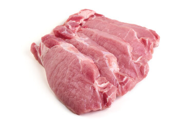 Raw pork loin steaks, isolated on white background.