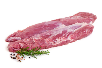 Pork fillet tenderloin, raw meat, close-up, isolated on white background.