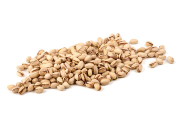 Pistachio nuts, isolated on white background. Close-up.