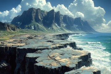 Majestic coastal cliffs under dramatic sky with rolling clouds beside calm ocean waves near a...