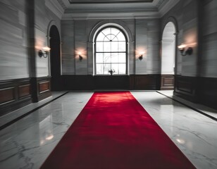 Fototapeta premium Red carpet over a white marble luxury floor, premium corridor, suxcess, business, richness, rich, popularity, business, lifestile, gold, red velvet carpet, white marble walls and column, golden decora