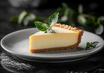 Delicious Slice of Creamy Cheesecake with Mint Garnish and Sugar Dust on Dark Background Perfect for Food Photography and Culinary Arts