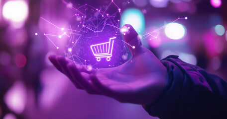 Innovative e-commerce technology illustration featuring a luminous shopping cart hologram in a virtual network, representing online shopping, digital marketplaces, and seamless retail experiences.