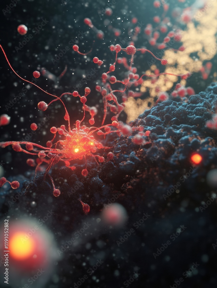 Leinwandbilder Viruses invading human cells at microscopic level showcasing complex interactions during infection process. Generative AI