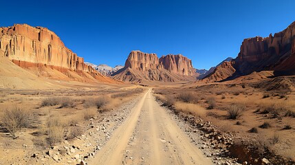 Fototapeta premium Desert road leading to majestic red rock formations under a clear blue sky.