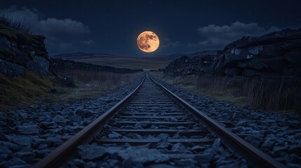 Railway Track Leading to Horizon Under Bright Full Moon