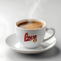 cup of coffee with red text Love isolated on the white background