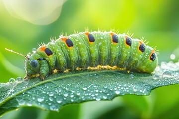 Dew-covered caterpillar on green leaf.