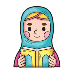 Girl in hijab reading book closely. Perfect for educational, cultural and diverse representation in marketing materials, websites, and social media
