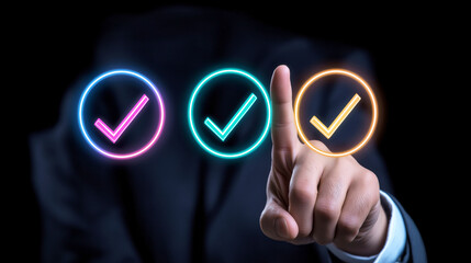 Futuristic interface with businessman selecting glowing check marks in neon colors
