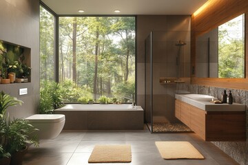 Fototapeta premium Modern bathroom design featuring natural elements and large windows overlooking a forest