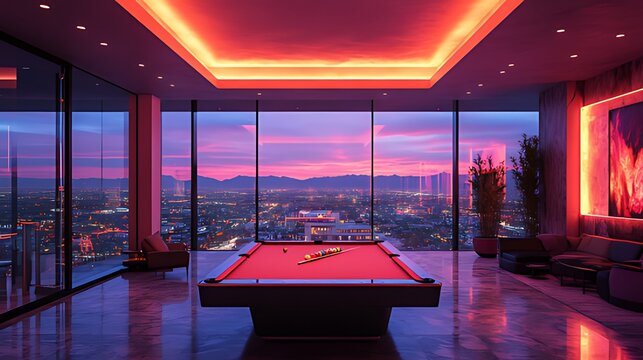 Luxury penthouse game room with city view at sunset, featuring a pool table and neon lighting.