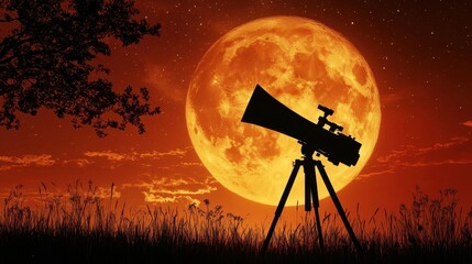 Stunning View of Supermoon with Telescope at Dusk in Silhouette