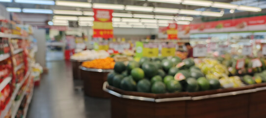 supermarket aisle and shelves blurred background. grocery store retail business concept