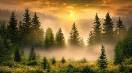Supermoon Glowing Over Misty Pine Forest at Dawn