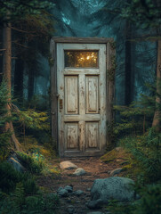 Fototapeta premium Mysterious Forest Door with Warm Light Glow