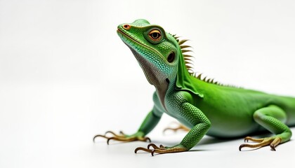 Close-up photo of vibrant green lizard on plain white background. Reptile posed alertly with head slightly raised. Detailed scales, eye visible. Lizard appears healthy, vivid. Perfect for nature