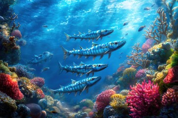 Fototapeta premium Vibrant coral reef with hunting barracuda in dramatic lighting