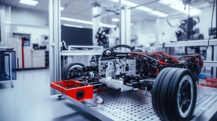 research lab where robotic arms are assembling the drivetrain of an electric vehicle