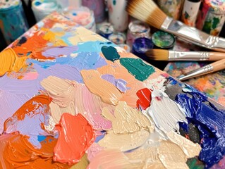 Obraz premium Creative painting process in a studio art supplies showcase colorful palette artistic environment close-up perspective
