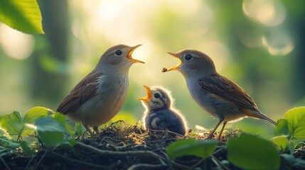 Two parent birds feeding baby bird nest.
