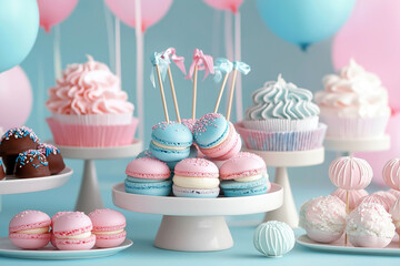 Close-up of beautifully decorated baby shower candy bar with macarons, cake pops, and chocolate treats in pastel pink and blue.