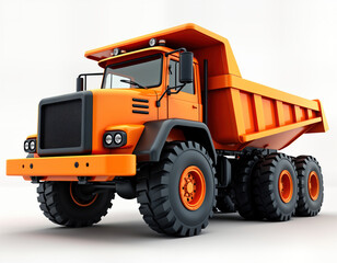 Orange articulated dump truck stands on white background. Heavy duty vehicle features large tires. Truck ready for work on construction site. Modern heavy equipment for industrial use. Powerful